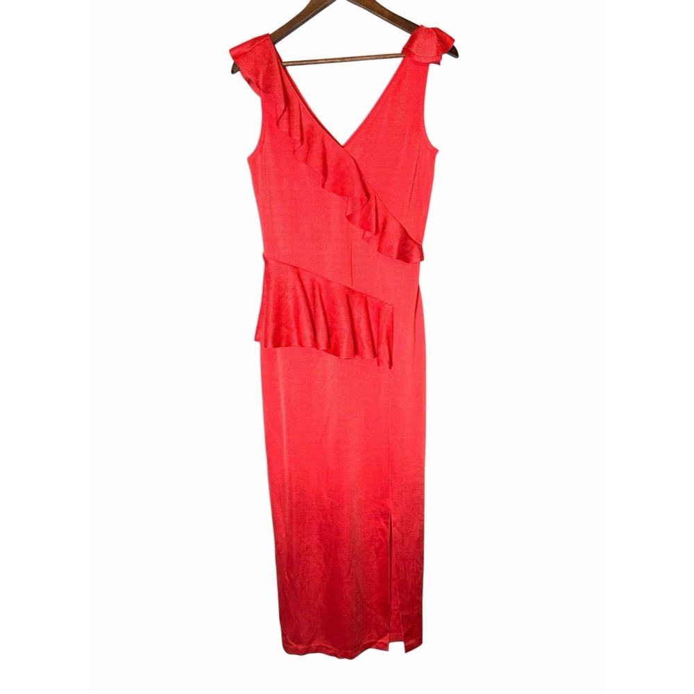 St John Evening Red Ruffle Stretch Knit Maxi Dress Formal Gown Women Size 8